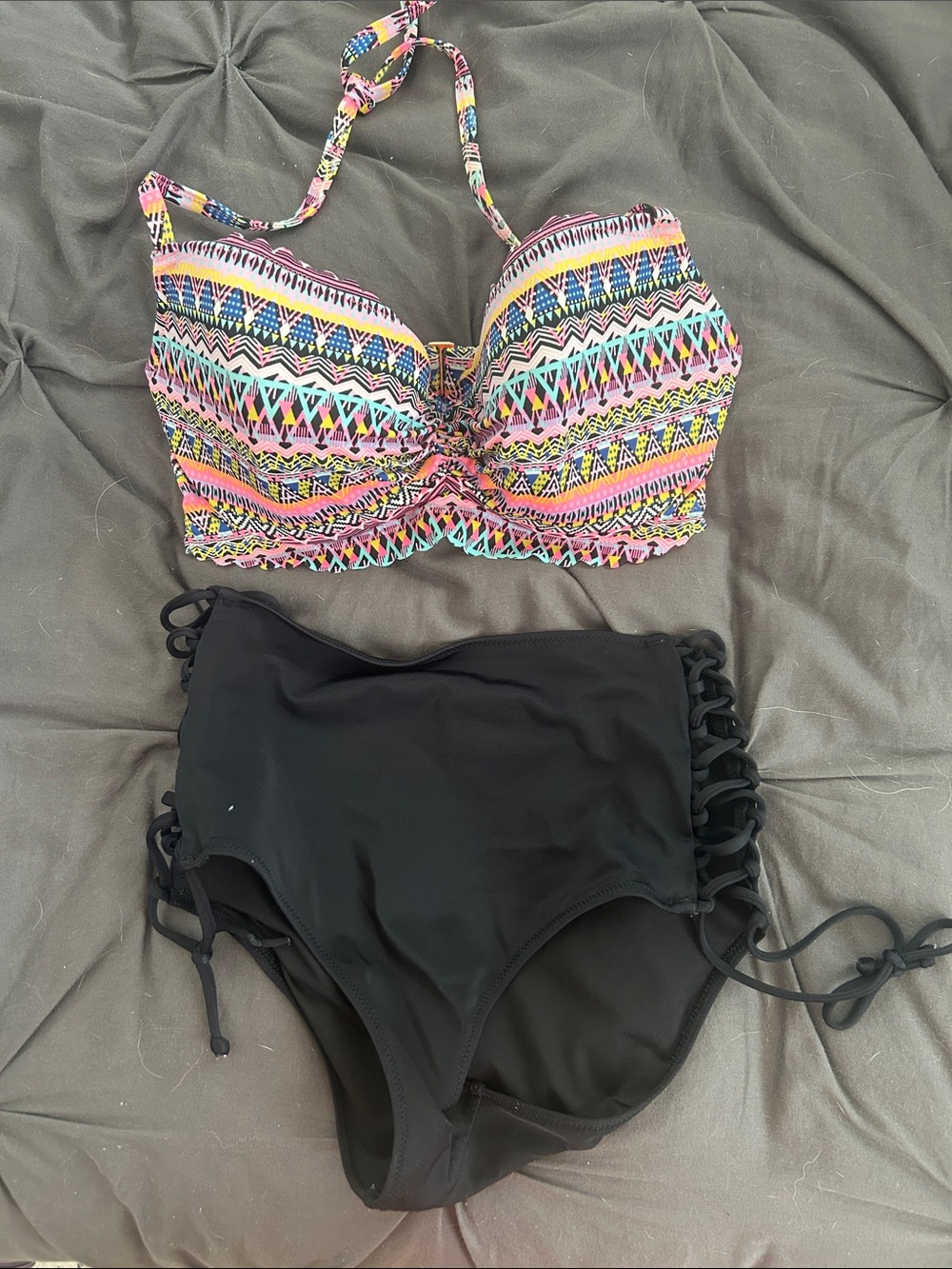 Victoria's Secret Multicolor Patterned Bandeau Top with Black High-Waist Bottoms